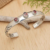 Brazalete de granate - Pulsera Brazalete Trenzada de Plata de Ley con Tres Granates