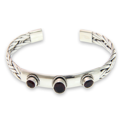 Garnet cuff bracelet, 'Three Guardians' - Braided Sterling Silver Cuff Bracelet with Three Garnets
