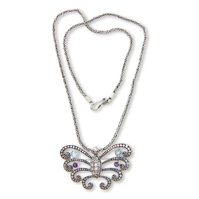 Blue topaz and amethyst necklace, 'Kupu Kupu Barong' - Butterfly Pendant Necklace with Blue Topaz and Amethyst