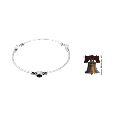Onyx bangle bracelet, 'Harmony of Three' (large) - Silver and Onyx Balinese-Style Bangle Bracelet (large)