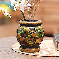 Mahogany vase, 'Sukawati Vintage' - Gilded Hand Carved Mahogany Vase from Bali
