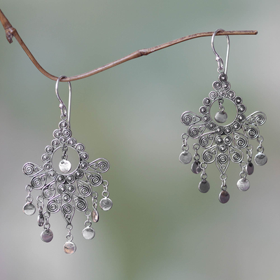 Sterling silver chandelier earrings, 'Silver Peacock Feather' - Fair Trade Handmade Sterling Silver Chandelier Earrings