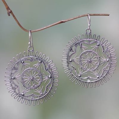 Sterling silver dangle earrings, 'Purnama' - Round Sterling Silver Filigree Dangle Earrings from Bali