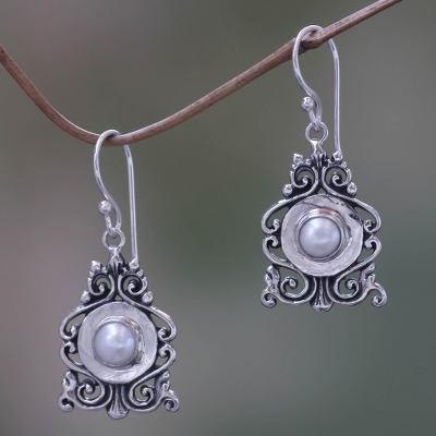 Cultured pearl dangle earrings, 'Moon Vignette' - Cultured Pearl and Silver Dangle Earrings from Bali