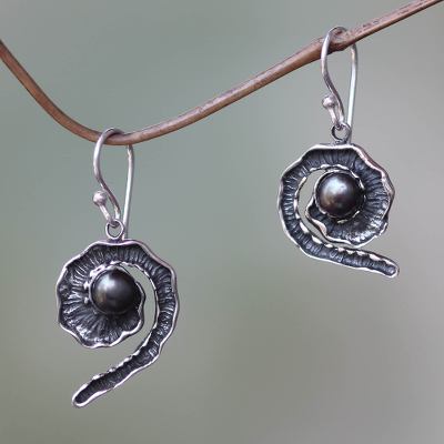 Black cultured pearl dangle earrings, 'Bit of Peel' - Handcrafted Sterling Silver and Black Pearl Earrings