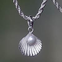 Cultured pearl pendant necklace, 'Gift from the Sea' - White Pearl and Sterling Silver Seashell Necklace