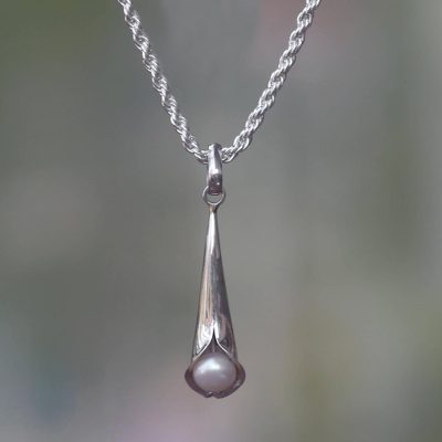 Cultured pearl pendant necklace, 'Trumpet Flower' - Pearl and Sterling Silver Flower Pendant Necklace