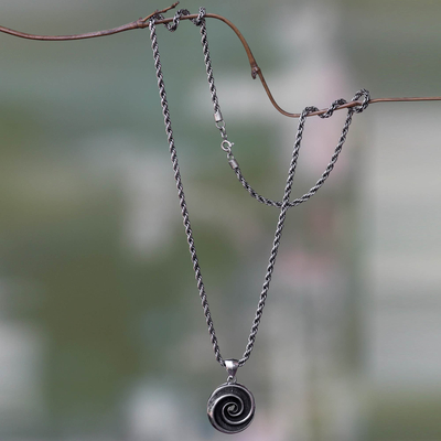 Sterling silver pendant necklace, 'Sea Spiral' - Oxidized Sterling Silver Pendant Necklace with Shell Motif