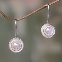 Cultured pearl drop earrings, 'Lunar Halo' - Unique Cultured Pearl and Silver Drop Earrings from Bali