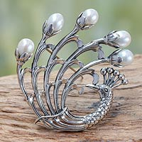 Broche de perlas cultivadas de agua dulce, 'Pavo real resplandeciente' - Broche de pavo real de plata esterlina con perlas cultivadas