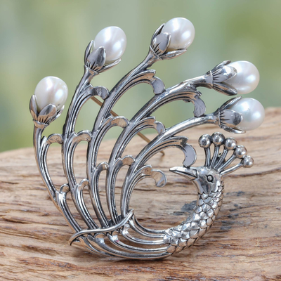 Cultured freshwater pearl brooch pin, Resplendent Peacock