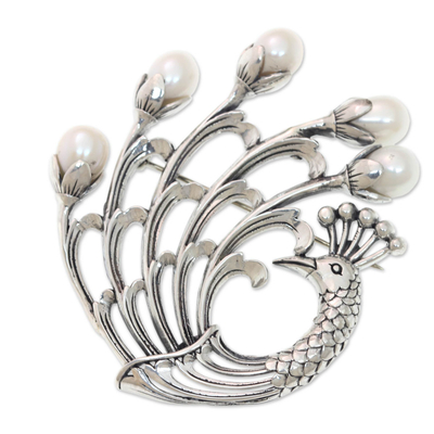 Cultured freshwater pearl brooch pin, 'Resplendent Peacock' - Sterling Silver Peacock Brooch Pin with Cultured Pearls