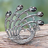 Broche de perlas cultivadas de agua dulce, 'Magnificent Peacock' - Broche de pavo real en plata de ley con perlas negras