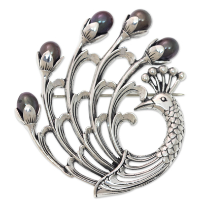 Peacock Brooch Pin in Sterling Silver with Black Pearls