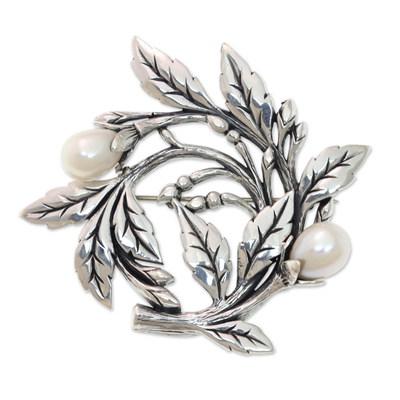 Artisan Handcrafted Pearl Brooch Pin from Bali, 'Budding Cotton
