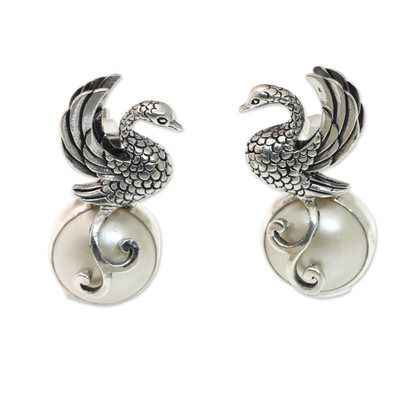 Cultured pearl drop earrings, 'Moon Swan' - Swan Motif Cultured Pearl and Silver Drop Earrings