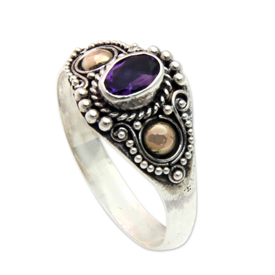 Gold accented amethyst cocktail ring, 'Mystic Trio' - Sterling Silver and Gold Cocktail Ring with Amethyst