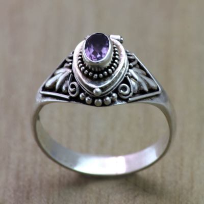 Amethyst locket ring, 'Mysterious Garden' - Fair Trade Silver and Amethyst Locket Ring from Bali