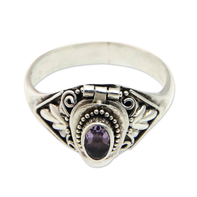 Amethyst locket ring, 'Mysterious Garden' - Fair Trade Silver and Amethyst Locket Ring from Bali