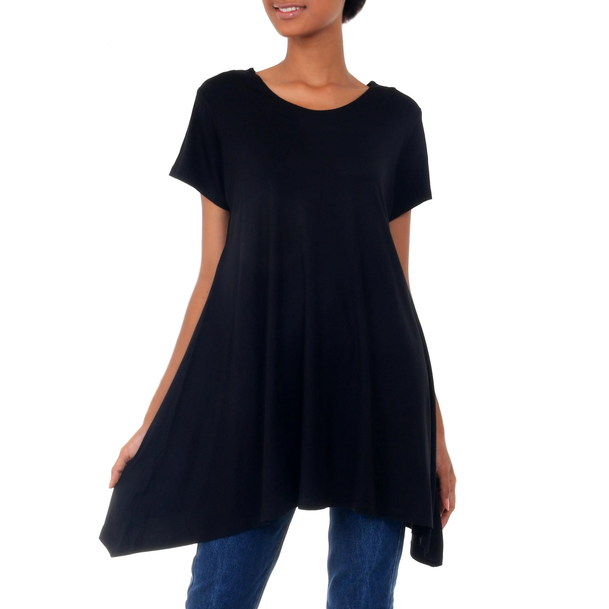 Modal Black Short Sleeve Tunic with Round Neck - Calla in Black | NOVICA