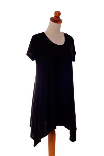 Modal Black Short Sleeve Tunic with Round Neck - Calla in Black | NOVICA