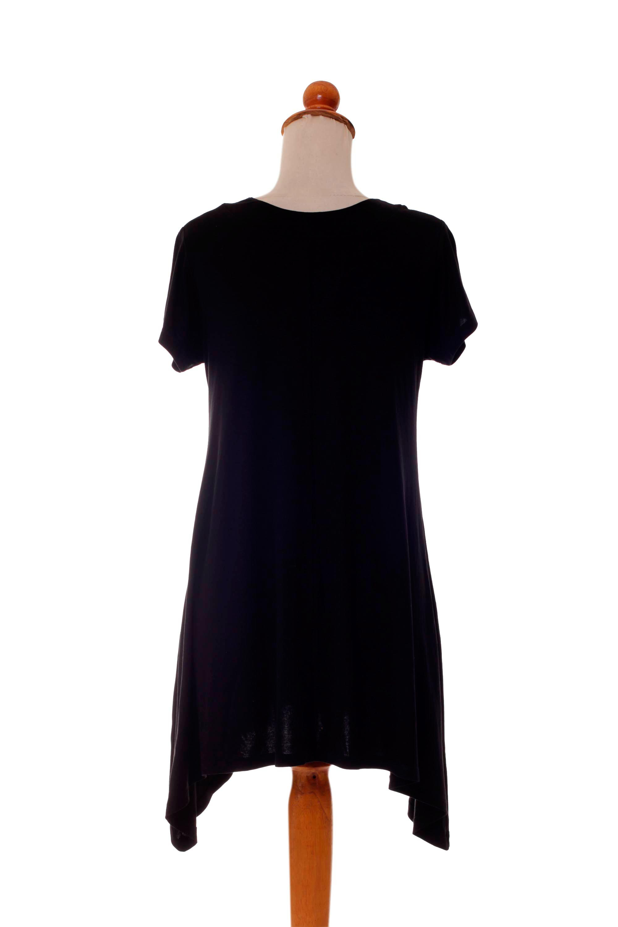 Modal Black Short Sleeve Tunic with Round Neck - Calla in Black | NOVICA