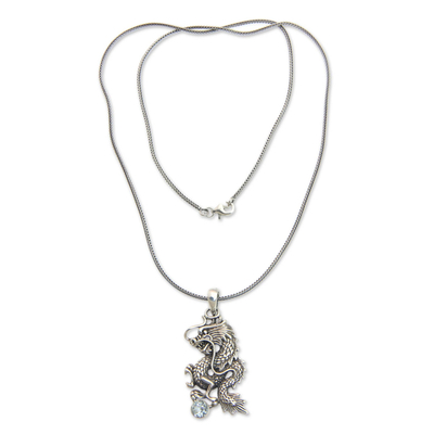 Men's blue topaz necklace, 'Dragon's Ball' - Men's jewellery Sterling Silver and Blue Topaz Necklace
