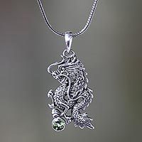 Men's peridot necklace, 'Dragon's Ball' - Men Fair Trade Jewelry Sterling Silver and Peridot Necklace