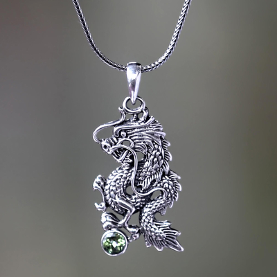 Men's peridot necklace, 'Dragon's Ball' - Men Fair Trade Jewellery Sterling Silver and Peridot Necklace