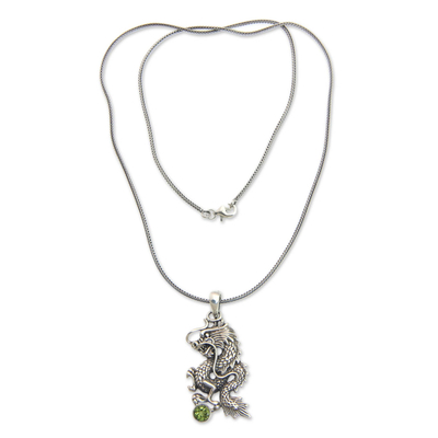 Men's peridot necklace, 'Dragon's Ball' - Men Fair Trade Jewelry Sterling Silver and Peridot Necklace