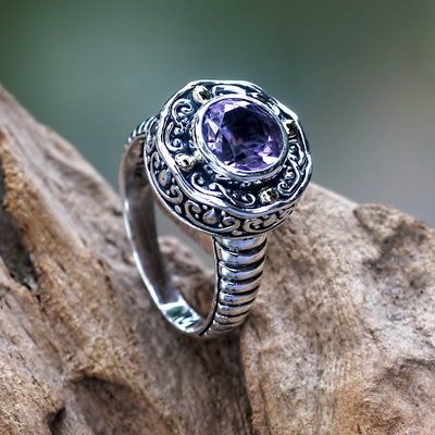 Gold accented amethyst ring, 'Kuta Lilac' - Handmade Balinese Cocktail Ring with Amethyst and 18k Gold