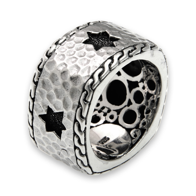 Men's sterling silver band ring, 'Star of David' - Handcrafted Balinese Hammered Sterling Silver Men's Ring