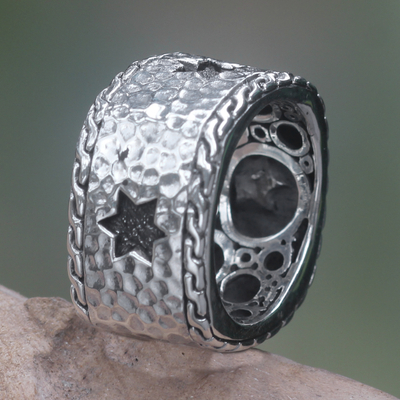 Men's sterling silver band ring, 'Star of David' - Handcrafted Balinese Hammered Sterling Silver Men's Ring
