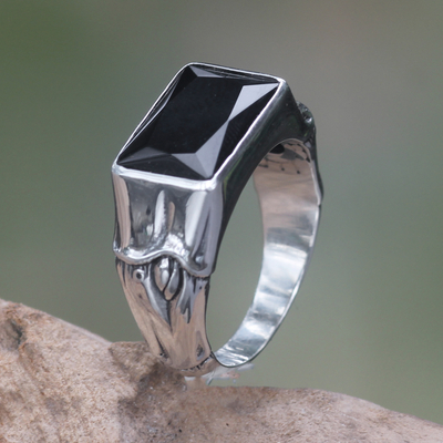 Men's onyx ring, 'Midnight Bamboo' - Balinese Handmade Men's Silver and Black Onyx Ring