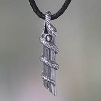Handcrafted Balinese Men's Silver Necklace with Snake Theme,'Bamboo Python'
