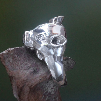 Men's sterling silver ring, 'Tusked Pig' - Artisan Handcrafted Men's Sterling Silver Pig Ring