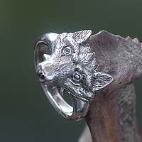 Anillo de plata de ley para hombre, 'Fierce Fox' - Anillo de zorro de plata de ley 925 de comercio justo para hombre