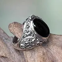 Men's onyx ring, 'Black Om Kara' - Handcrafted Onyx and Sterling Silver Om Ring for Men