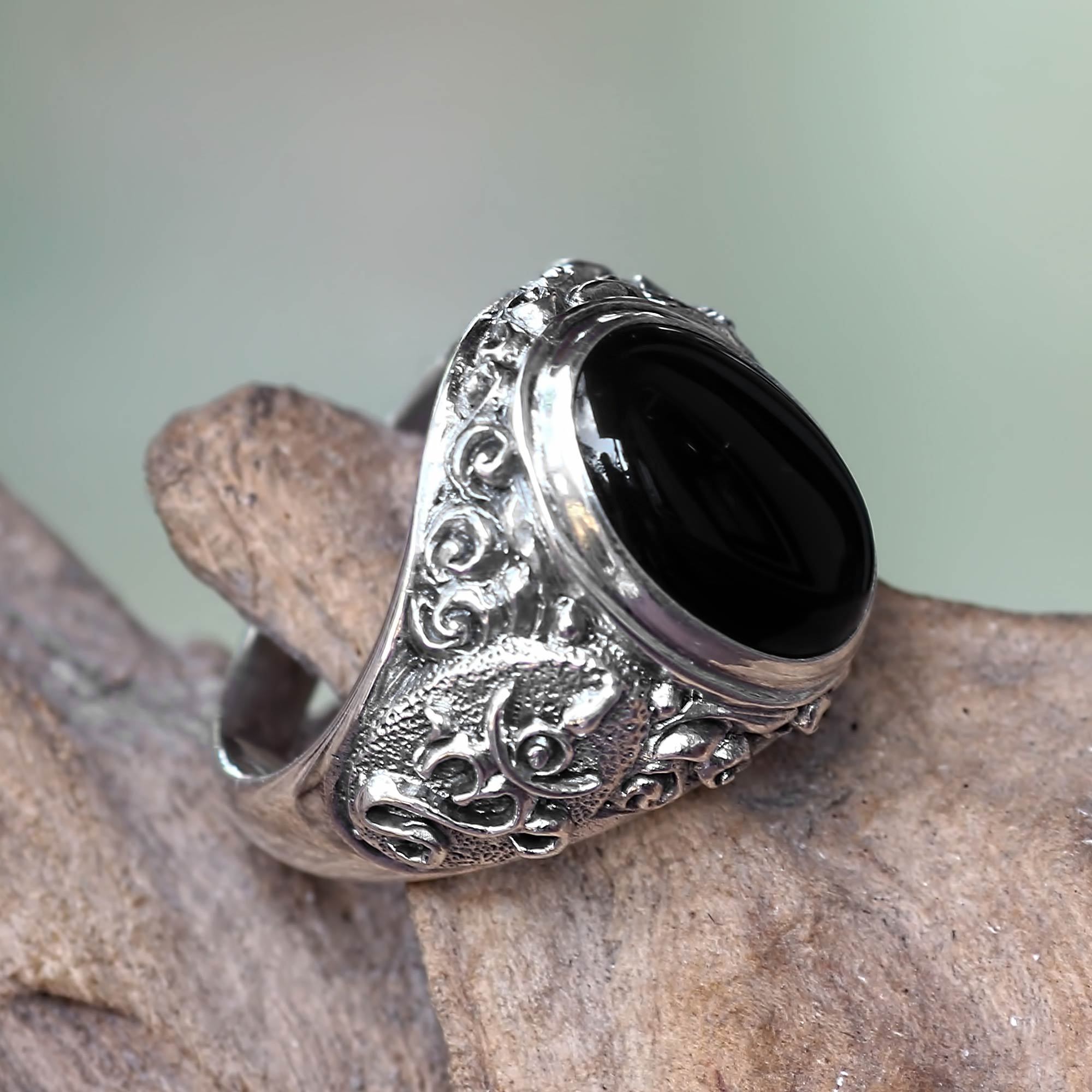 Handcrafted Onyx and Sterling Silver Om Ring for Men, 'Black Om Kara'