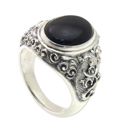 Men's onyx ring, 'Black Om Kara' - Handcrafted Onyx and Sterling Silver Om Ring for Men