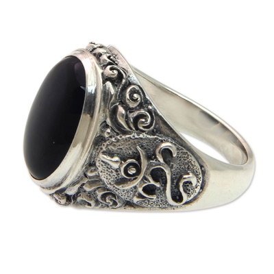 Men's onyx ring, 'Black Om Kara' - Handcrafted Onyx and Sterling Silver Om Ring for Men