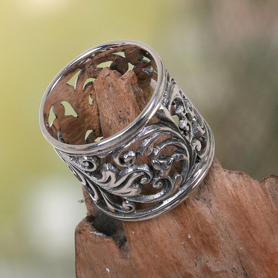 Sterling silver band ring, 'Tropical Rain Forest' - Balinese Women's Sterling Silver Handcrafted Wide Band Ring