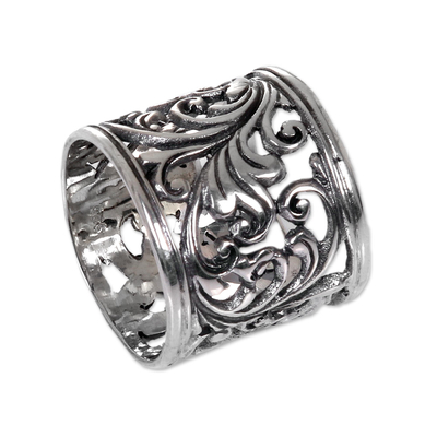 Sterling silver band ring, 'Tropical Rain Forest' - Balinese Women's Sterling Silver Handcrafted Wide Band Ring
