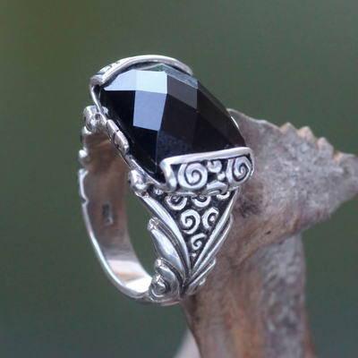 Ladies 925 Sterling Silver Genuine Black Onyx Diamond Ring