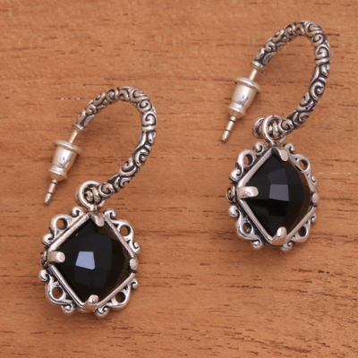 Onyx dangle earrings, 'Sweet Enchantment' - Elegant Black Onyx and Silver Dangle Earrings from Bali