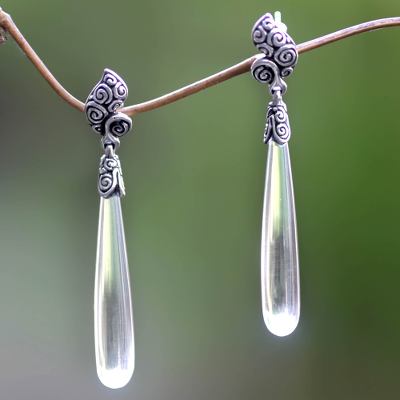 Quartz dangle earrings, 'Twisted Leaf' - Sterling Silver 925 and Clear Quartz Dangle Earrings