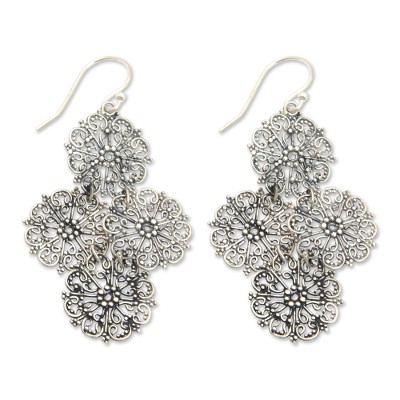 Sterling silver flower earrings, 'Filigree Bouquet' - Sterling Silver Handmade Filigree Floral Earrings from Bali