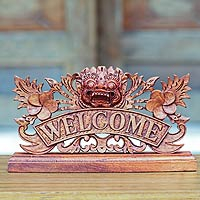 Wood welcome sign, 'Bhoma Welcome' - Hand Carved Wooden Welcome Sign with Balinese Deity