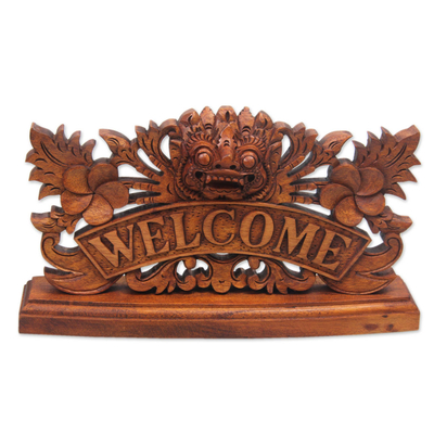 Hand Carved Wooden Welcome Sign with Balinese Deity