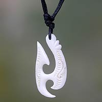 Bone pendant necklace, 'White Wave' - Stylized Wave Cow Bone Pendant Necklace from Bali